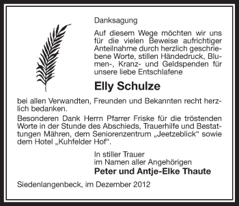 Traueranzeige von Elly Schulze von Uelzen