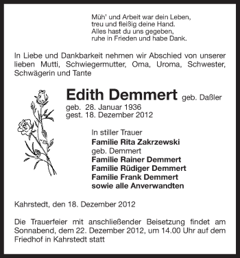 Traueranzeige von Edith Demmert von Uelzen