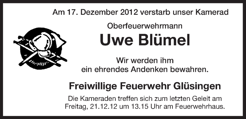  Traueranzeige für Uwe Blümel vom 20.12.2012 aus Uelzen