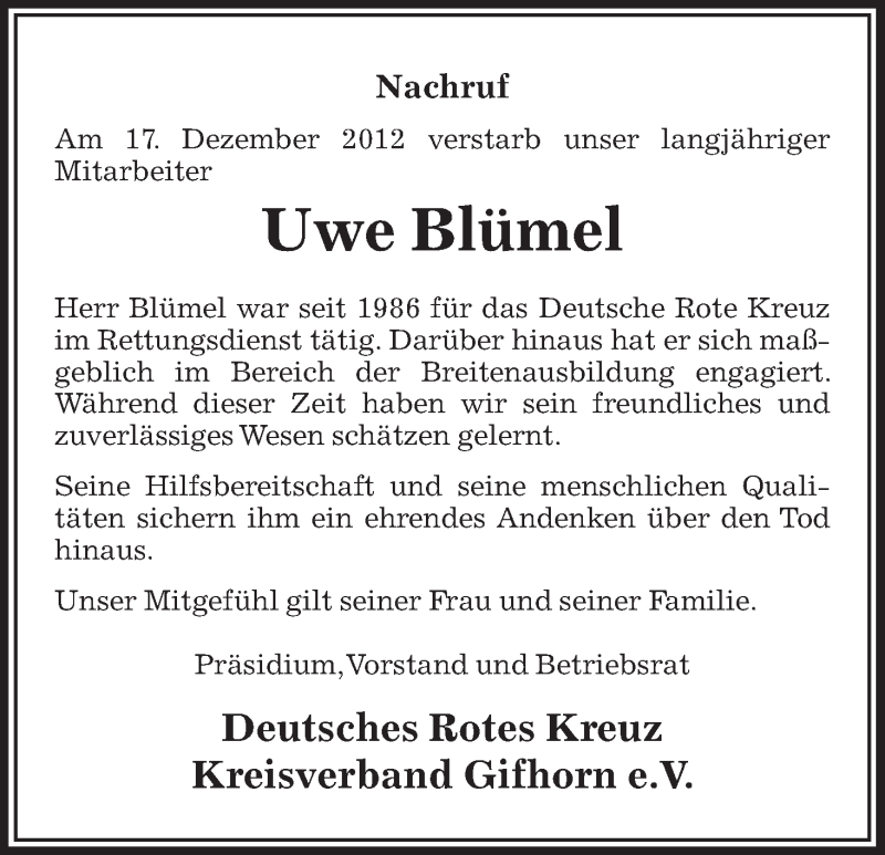  Traueranzeige für Uwe Blümel vom 20.12.2012 aus Uelzen