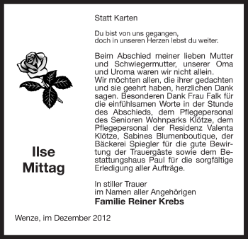 Traueranzeige von Ilse Mittag von Uelzen