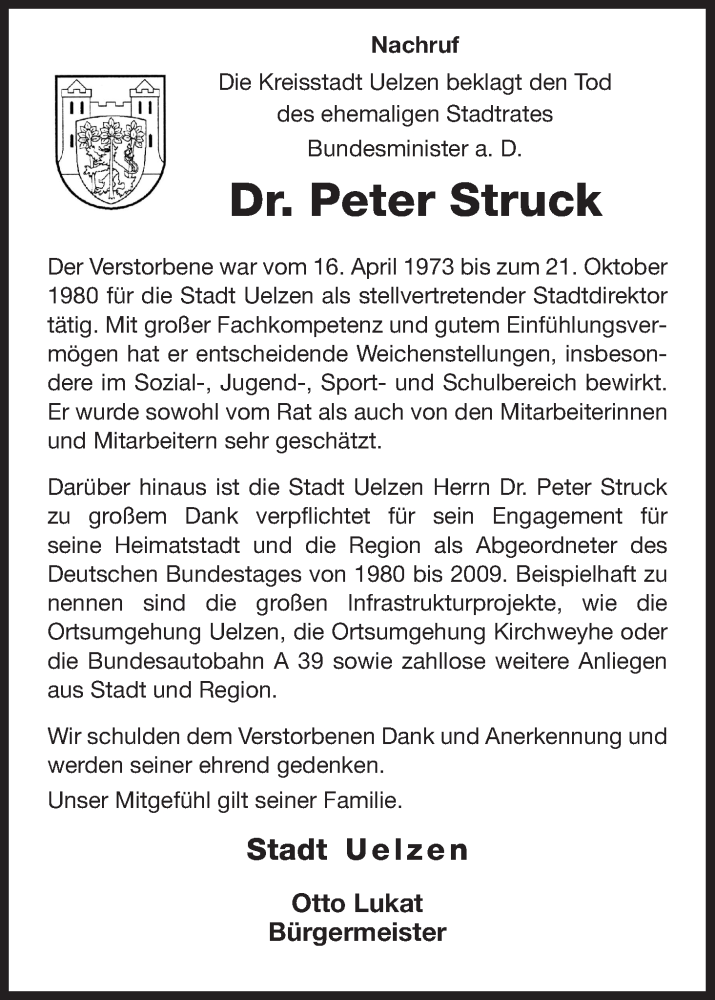  Traueranzeige für Peter Struck vom 22.12.2012 aus Uelzen