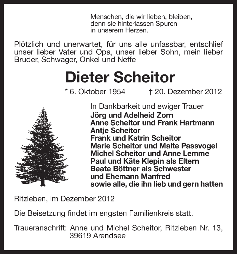  Traueranzeige für Dieter Scheitor vom 22.12.2012 aus Uelzen