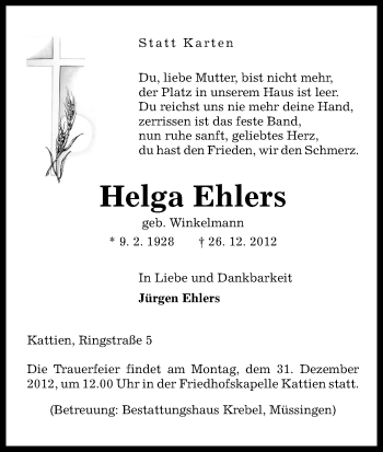 Traueranzeige von Helga Ehlers von Uelzen