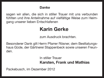 Traueranzeige von Karin Gerke von Uelzen