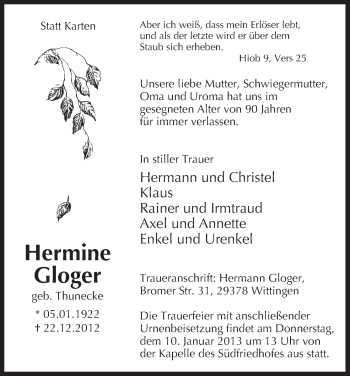 Traueranzeige von Hermine Gloger von Uelzen