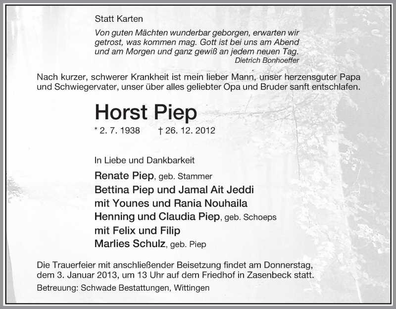  Traueranzeige für Horst Piep vom 29.12.2012 aus Uelzen