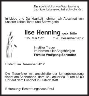 Traueranzeige von Ilse Henning von Uelzen