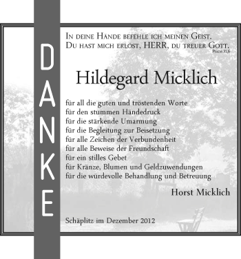 Traueranzeige von Hildegard Micklich von Uelzen