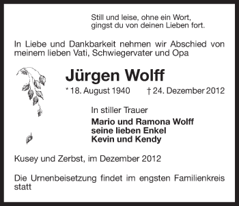 Traueranzeige von Jürgen Wolff von Uelzen