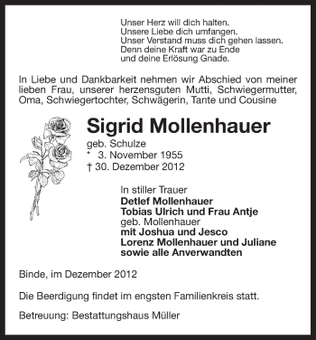 Traueranzeige von Sigrid Mollenhauer von Uelzen