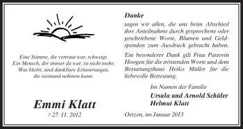 Traueranzeige von Emmi Klatt von Uelzen