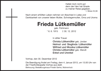 Traueranzeige von Frieda Lütkemüller von Uelzen