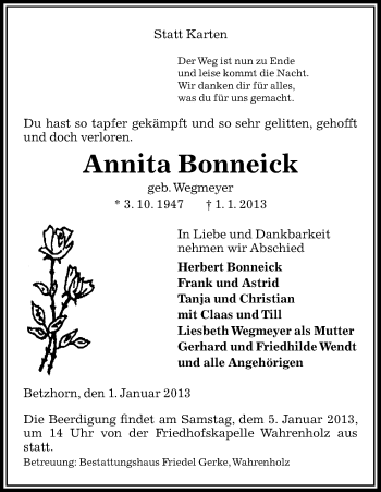 Traueranzeige von Anita Bonneick von Uelzen