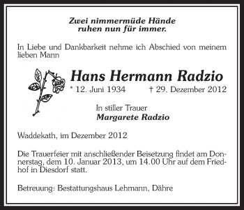 Traueranzeige von Hans Hermann Radzio von Uelzen