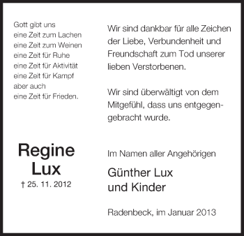 Traueranzeige von Regine Lux von Uelzen