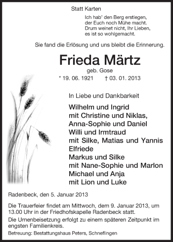 Traueranzeige von Frieda Märtz von Uelzen