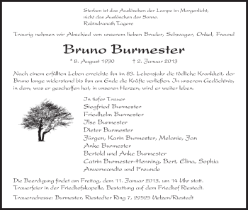 Traueranzeige von Bruno Burmester von Uelzen