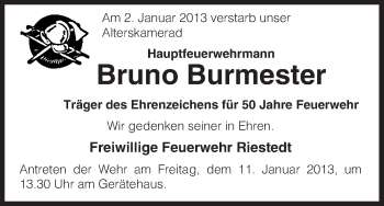 Traueranzeige von Bruno Burmester von Uelzen