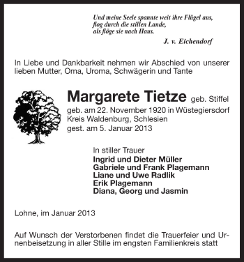 Traueranzeige von Margarete Tietze von Uelzen