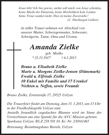 Traueranzeige von Amanda Zielke von Uelzen