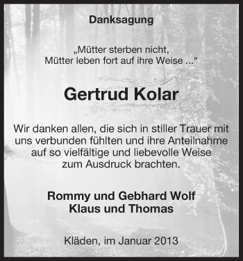 Traueranzeige von Gertrud Kolar von Uelzen