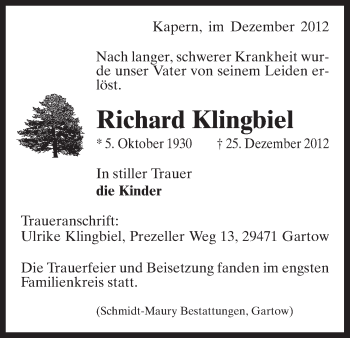 Traueranzeige von Richard Klingbiel von Uelzen