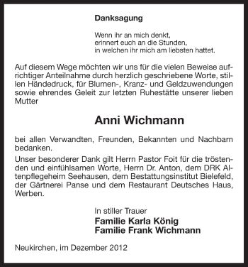 Traueranzeige von Anni Wichmann von Uelzen