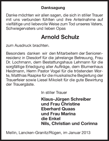 Traueranzeige von Arnold Schulz von Uelzen