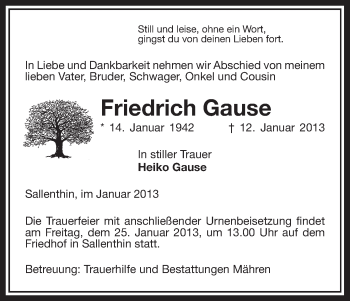 Traueranzeige von Friedrich Gause von Uelzen