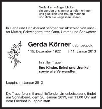 Traueranzeige von Gerda Körner von Uelzen