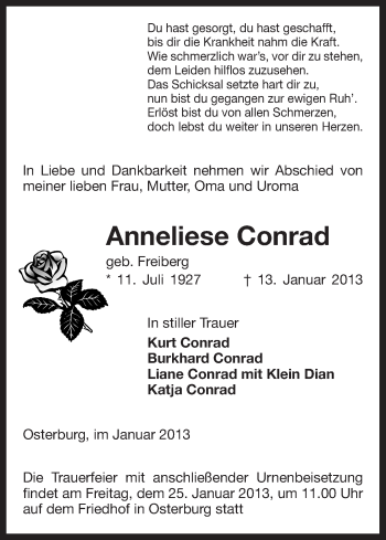 Traueranzeige von Anneliese Conrad von Uelzen