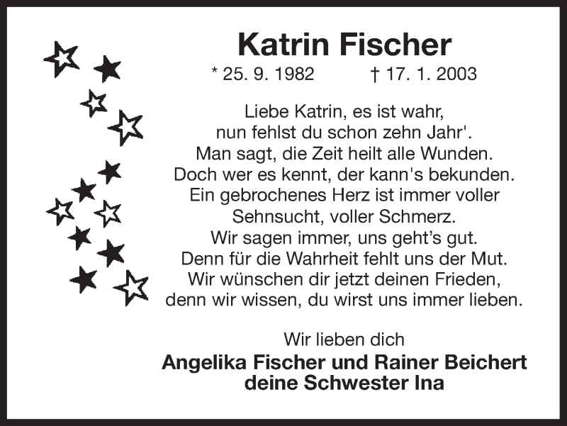  Traueranzeige für Katrin Fischer vom 17.01.2013 aus Uelzen