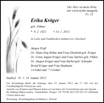 Traueranzeige von Erika Kröger von Uelzen