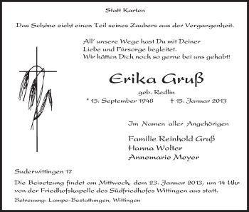 Traueranzeige von Erika Gruß von Uelzen