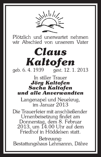 Traueranzeige von Claus Kaltofen von Uelzen