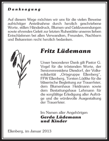 Traueranzeige von Fritz Lüdemann von Uelzen