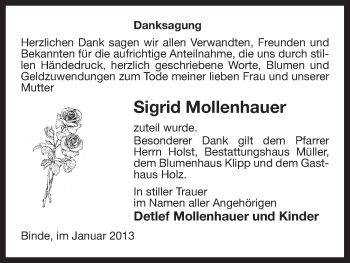 Traueranzeige von Sigrid Mollenhauer von Uelzen