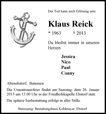 Traueranzeige von Klaus Reick von Uelzen