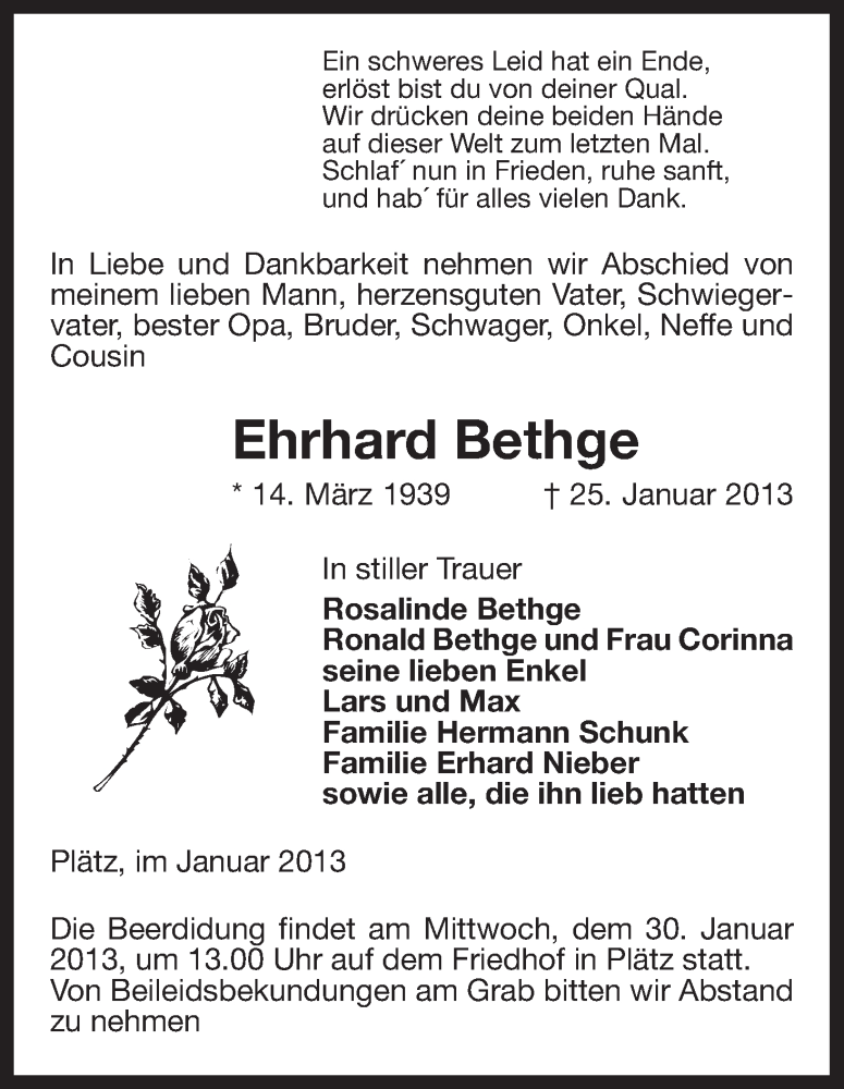  Traueranzeige für Ehrhard Bethge vom 26.01.2013 aus Uelzen