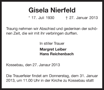 Traueranzeige von Gisela Nierfeld von Uelzen