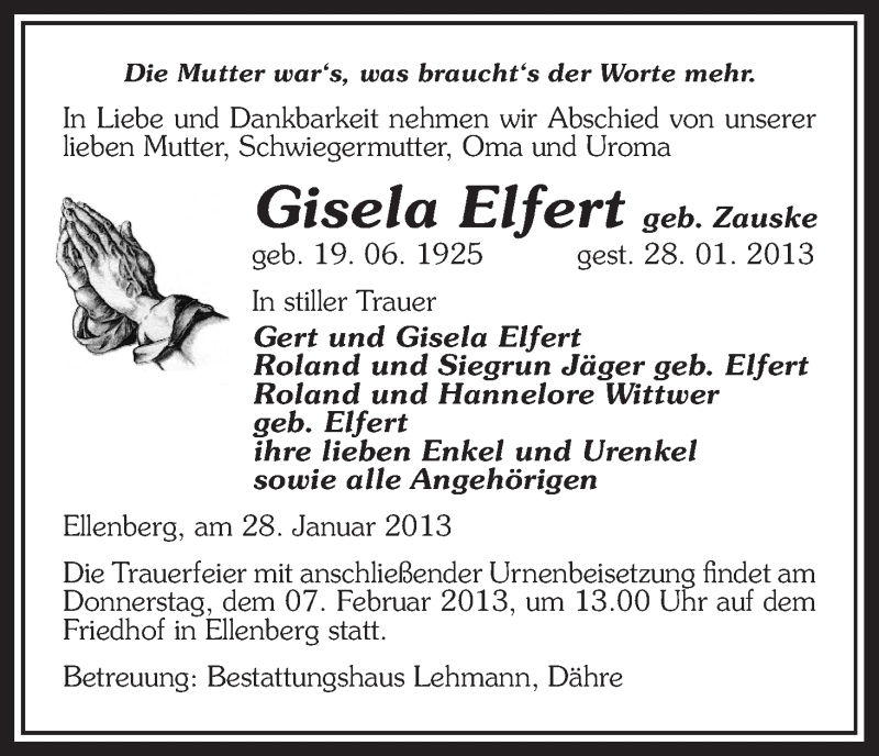  Traueranzeige für Gisela Elfert vom 30.01.2013 aus Uelzen