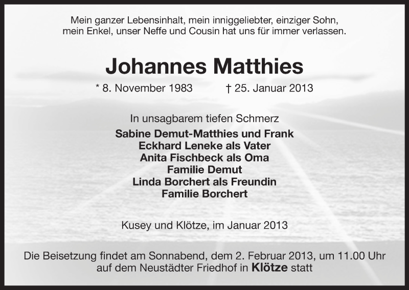  Traueranzeige für Johannes Matthies vom 31.01.2013 aus Uelzen