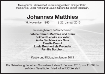 Traueranzeige von Johannes Matthies von Uelzen