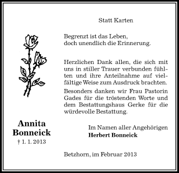 Traueranzeige von Anita Bonneick von Uelzen