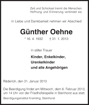 Traueranzeige von Günther Oehne von Uelzen