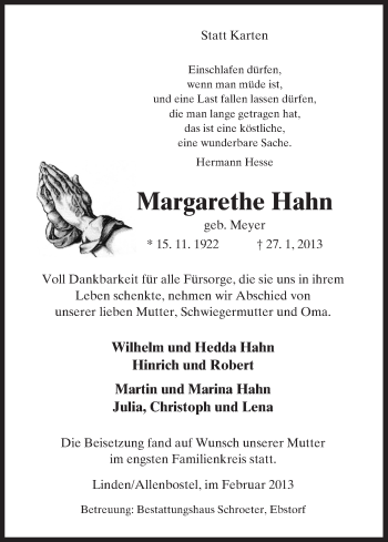 Traueranzeige von Margarethe Hahn von Uelzen