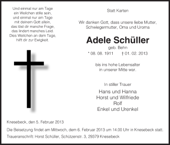 Traueranzeige von Adele Schüller von Uelzen