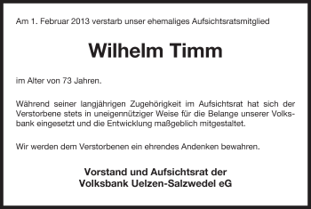 Traueranzeige von Wilhelm Timm von Uelzen