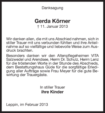 Traueranzeige von Gerda Körner von Uelzen